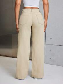SHEIN SXY Damen Overall Jeans In Volltonfarbe - Khaki - Übersicht 2