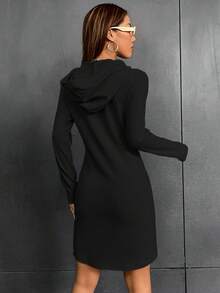 SHEIN EZwear Numeric Print Long Sleeve Hooded Dress - Black - View 2