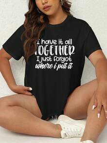 SHEIN EZwear 大尺寸女士口號印花圓領t恤 - 黑色 - 查看 5