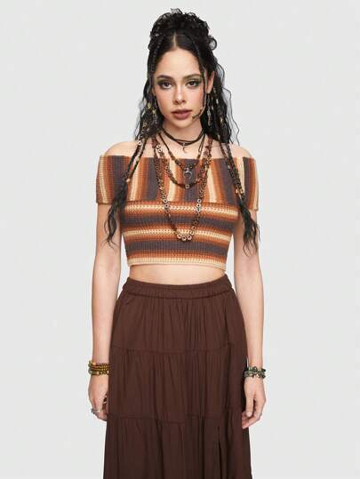 Hippie Bohemian Style Women's Open Shoulder Knitted Top With Colorful Stripes