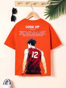 SHEIN Camiseta Deportiva De Manga Corta Para Niños Con Diseño De Personajes De Caricaturas Y Eslogan De Básquetbol De Ajuste Holgado - Naranja - Ver 1