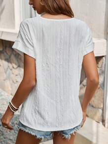 SHEIN LUNE Solid Texture Short Sleeve T-Shirt - White - View 2