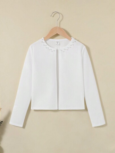 SHEIN Jacket For Tween Girls With Casual Style, Round Neck, Long Sleeve With Beaded Detail,In Fall/Winter