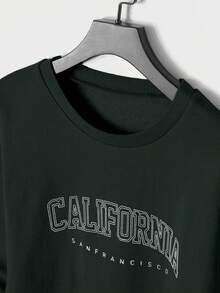 SHEIN Cottnline Men'S Letter Printed Round Neck Sweatshirt & Sweatpants Set - Army Green - View 4