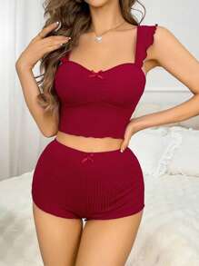 SHEIN 女士蝴蝶蕾丝设计吊带睡衣套装睡衣套装红色两件套红色两件套 - 酒紅色 - 查看 6