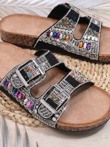 SHUZIA Women's Boho Beaded Double Buckle Open Toe Cork Footbed Multi Black Slide Sandals-Colorful Vintage Style Summer Shoes Spring Shoes Spring Break Easter Vacation Shoes Casual Shoes Beach Shoes Mother's Day Present