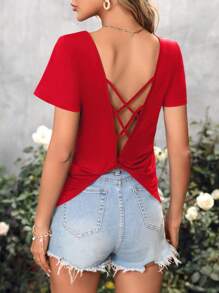 Breezaya Áo thun tay ngắn chéo lưng cho trang phục năm mới - Đỏ - Xem 2