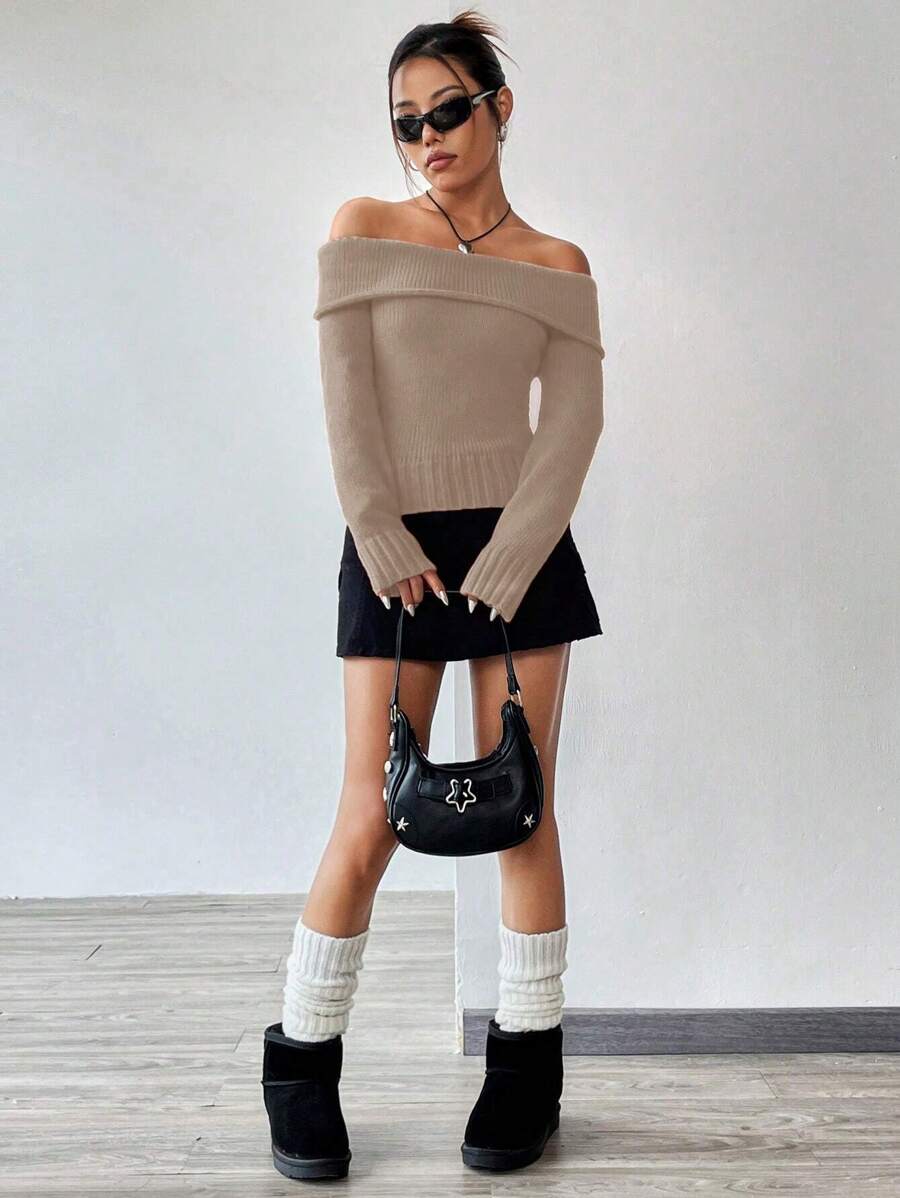 Flirla Sexy Off Shoulder Women's Knit Pullover Fall Winter Sweater - Khaki - View 1