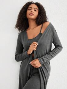 Ocili Leisure Women's Long Sleeve Open Front Jacket, Camisole, Pants Home Wear Suit - Dark Grey - View 3