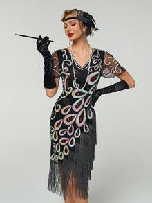 Women's 1920s Vintage Fringed Sequin Mesh Short Sleeve Cocktail Dress - Black - View 5