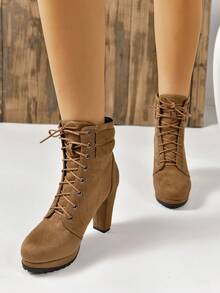 新款女式流行靴,厚跟,圓頭,帶扣,秋冬季舒適百搭高跟靴 - 棕色 - 查看 3