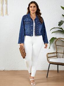 Của phụ nữ Kích thước lớn Trang trí Sọc Áo khoác denim - Rửa tối - Xem 4