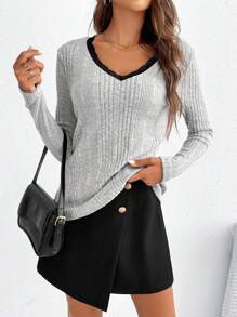 SHEIN Frenchy Women'S V-Neck Lace Decor Rib Brushed Skirt Set Winter Casual - Multicolor - View 3