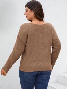 SHEIN Essnce 女款大尺碼v領毛絨衣 - 卡其色 - 查看 2