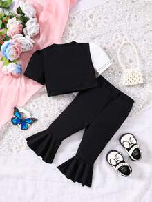 Conjunto de blusa de bloques de color y pantalones acampanados sólidos para bebé niña - Negro - Ver 2