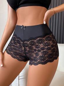Women's Lace Patchwork Boyshorts - Black - View 5