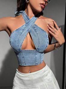 SHEIN ICON Y2k藍色彈性女性休閒貼身交叉領斜肩剪裁牛仔上衣 - 藍色 - 查看 3