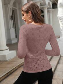 SHEIN Frenchy Solid Color Hollow Out Embroidered T-Shirt Winter Pink Casual Spring - Dusty Pink - View 2