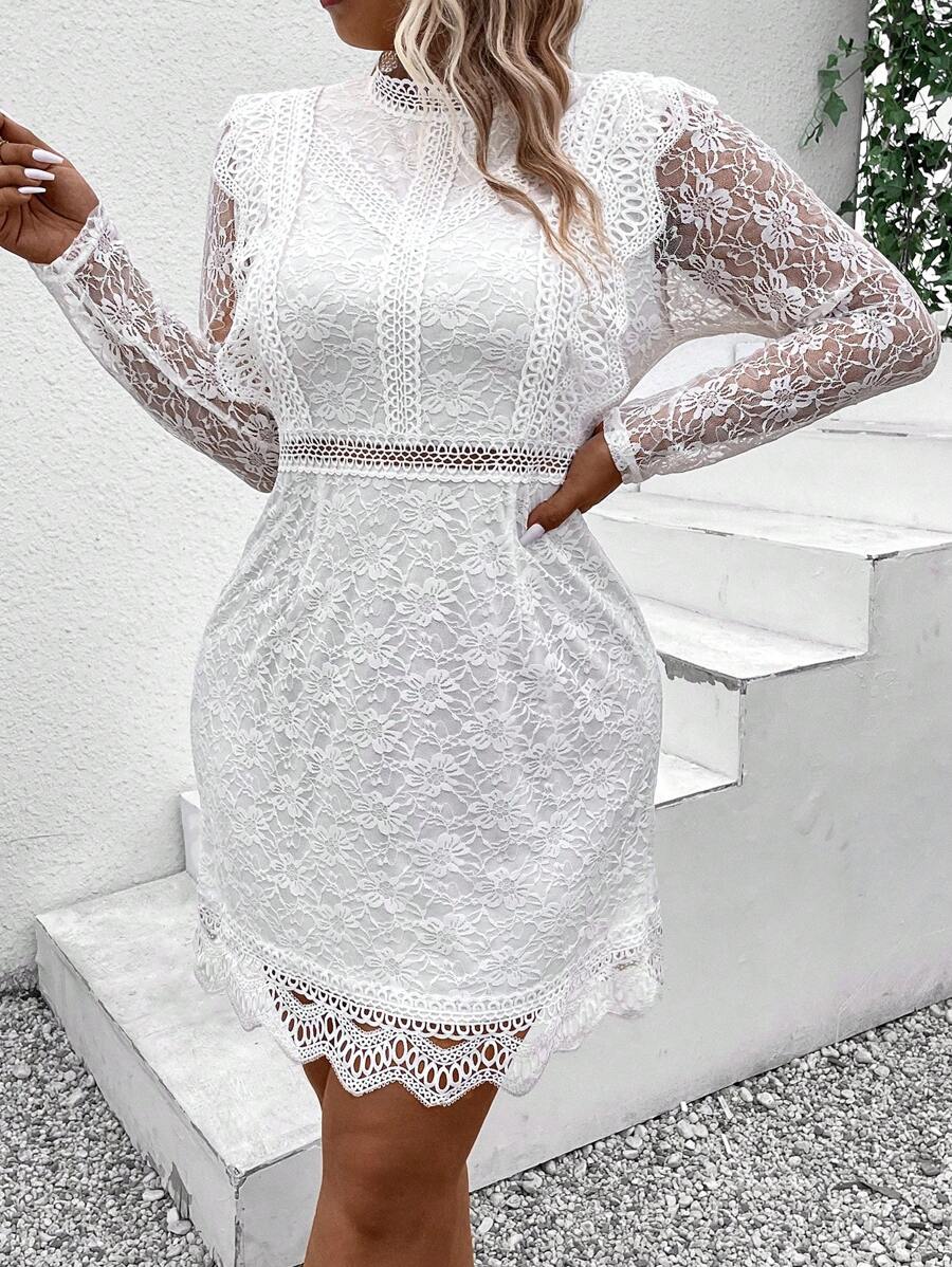 Celure 大码女式纯色蕾丝立领紧身连衣裙 - 白色 - 查看 1