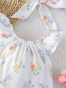 可愛優雅的花卉印花波浪袖連髮箍套裝嬰兒女寶寶連體衣 - 彩色 - 查看 7