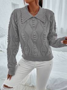 Chiquease 女士針織衣,鑽石裝飾的翻領