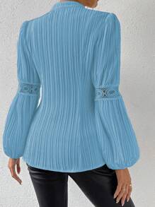 SHEIN Privé 鑲嵌蕾絲的燈籠袖襯衫 - 藍色 - 查看 2