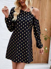 SHEIN LUNE Women's Polka Dot Printed Gold Foil Dress - Black - View 6