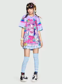ROMWE Anime Camiseta con estampado de personajes de dibujos animados coloridos y adorables, de talla grande, para señoras, escuela