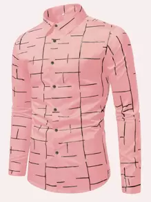 Manfinity Homme 男士條紋印花長袖襯衫 - 粉色 - 查看 1
