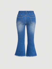 SHEIN Young Girl Floral Print Raw Hem Flare Leg Jeans - Dark Wash - View 2