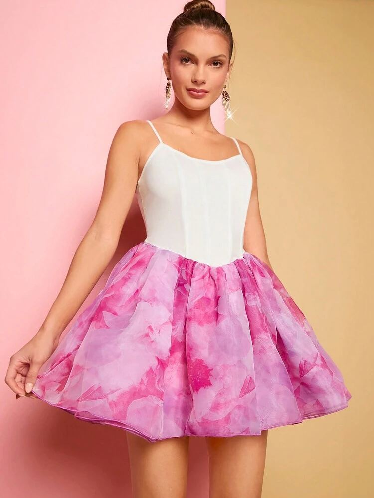 Floral Print Organza Elegant Cami Dress