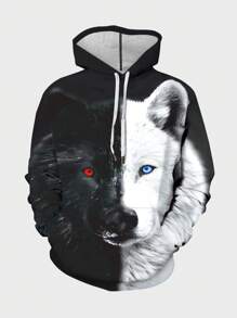 Manfinity LEGND Men's Wolf Print Hoodie Sweatshirt Wolf Graphic Long Sleeve Hoodie, For Friends, Husband, Boyfriend Gifts, Wolf Hoodies Men, Animal Print Hoodies Men, Black And White Hoodies Men, Graphic Hoodies Men - Multicolor - View 3