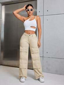 SHEIN SXY Damen Overall Jeans In Volltonfarbe - Khaki - Übersicht 4