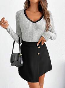 SHEIN Frenchy Women'S V-Neck Lace Decor Rib Brushed Skirt Set Winter Casual - Multicolor - View 1