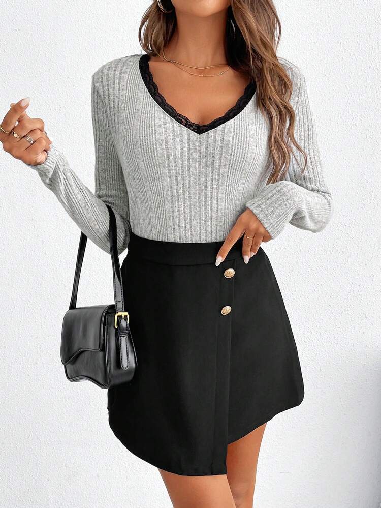 Women'S V-Neck Lace Decor Rib Brushed Skirt Set Winter Casual