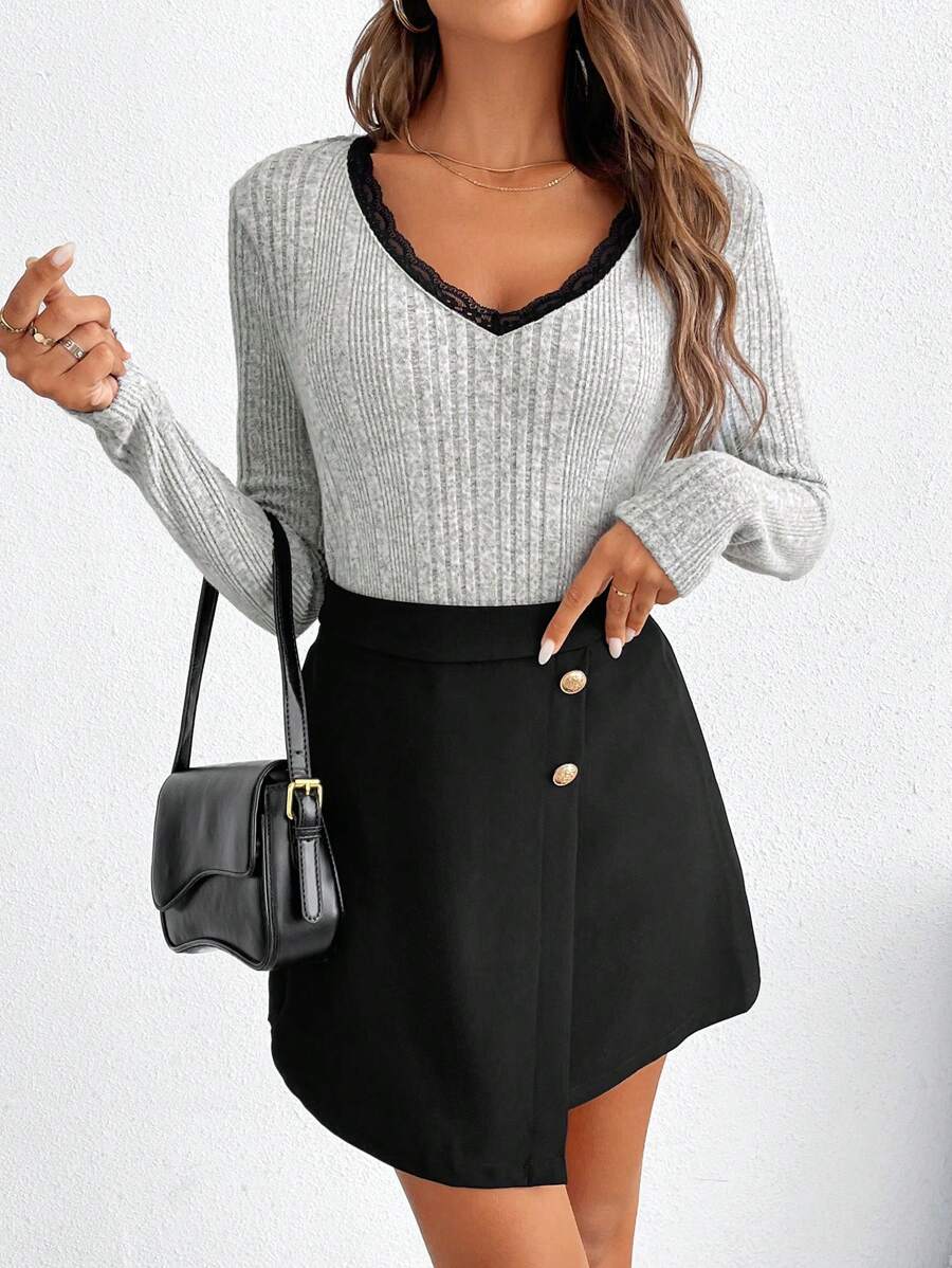 SHEIN Frenchy Women'S V-Neck Lace Decor Rib Brushed Skirt Set Winter Casual - Multicolor - View 1