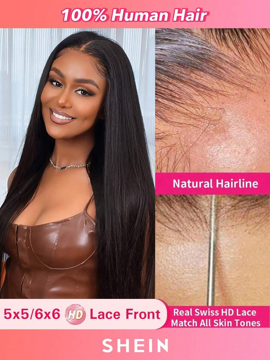 Hd Swiss Lace Pre-Plucked Bleaching Knots Straight 5*5/6*6 Lace Front Wig 180% Density 22-26Inch Human Hair Wigs Real Hair Natural Black Color  Natural Hairline For Women - S1 - View 1