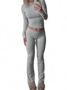Women's Plain Slim Fit Two Piece Set Including Crop Top With Long Sleeves And High Waist Trousers