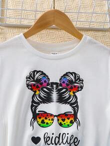 SHEIN Cô gái Tween Nhân vật & Lá thư In Ngắn tay Áo Và Tim In Bóng Quần loe Bộ - Nhiều màu - Xem 3