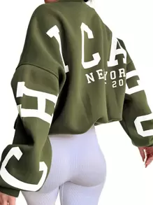 SHEIN EZwear Plus Size Women's Letter Print Drop Shoulder Long Sleeve Sweatshirt - Army Green - View 1