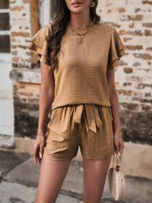 Breezaya Của phụ nữ Lanh Tay áo xù Hai chiếc Bộ - Màu Khaki - Xem 4