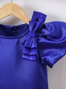 SHEIN Young Girl's Round Neck Dress With Bow Decorations - Blue - View 4