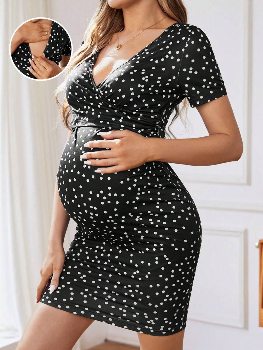 SHEIN Thai sản In vết tròn Polka Cổ chữ V Điều dưỡng Đầm - màu đen - Xem 1