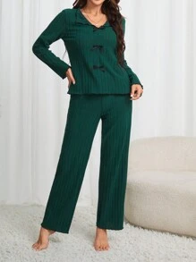 Women's Bowknot Decorated Long Sleeve And Pants Homewear Set - Dark Green - View 1