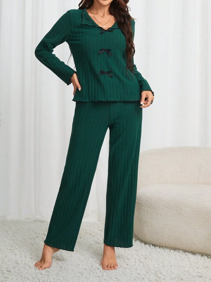 Women's Bowknot Decorated Long Sleeve And Pants Homewear Set - Dark Green - View 1