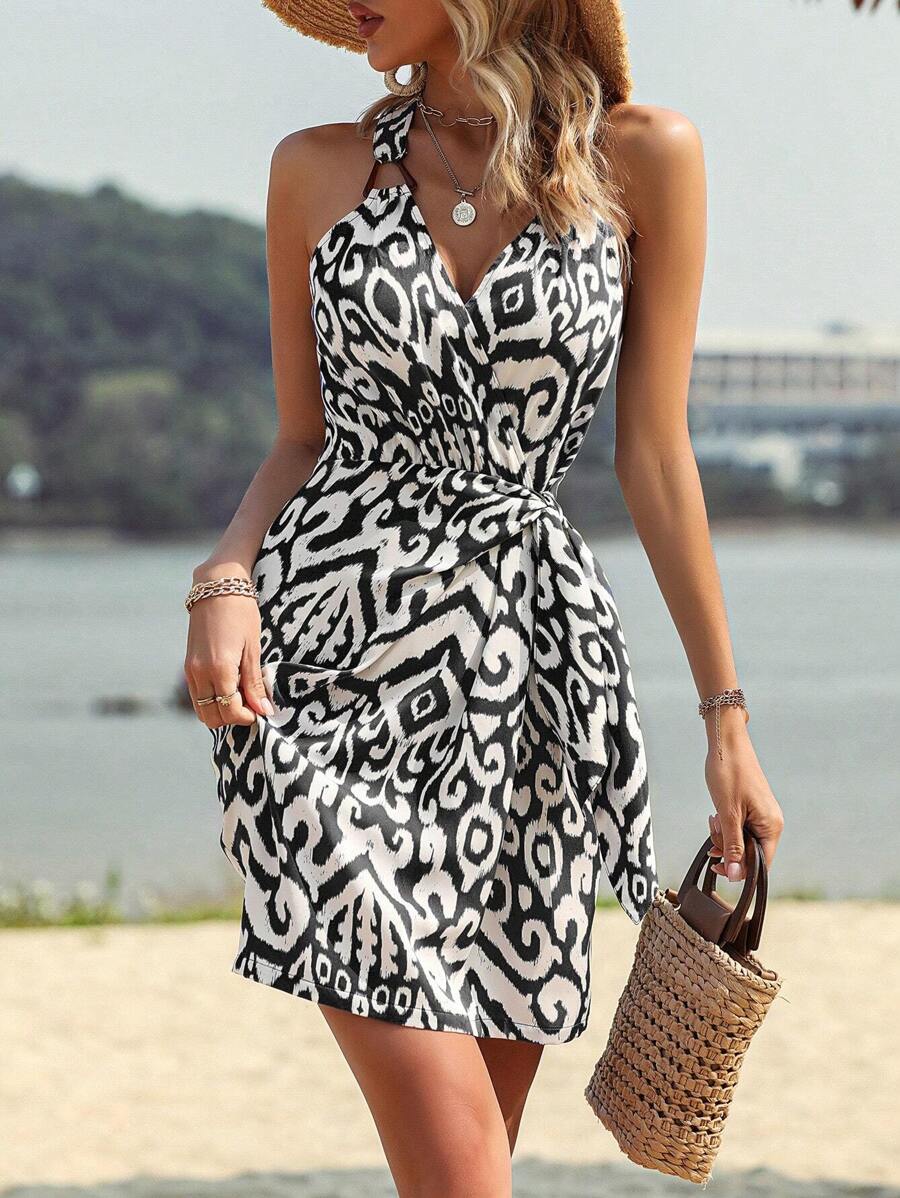 Breezaya Vestido Con Cuello Halter Y Estampado Completo Para Mujer - Blanco y Negro - Ver 1