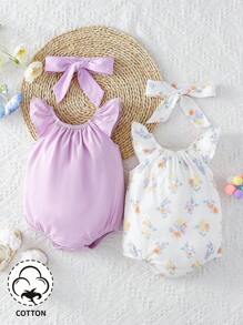 可愛優雅的花卉印花波浪袖連髮箍套裝嬰兒女寶寶連體衣 - 彩色 - 查看 1