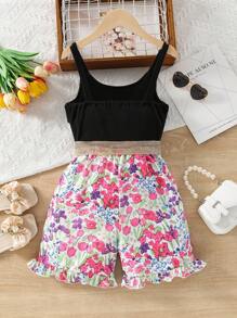 Tween Girl Floral Print Strap Jumpsuit - Black - View 2