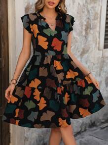 SHEIN LUNE 女式全印花缺角下擺連身裙