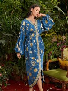Al Najma Women Dresses Asimetris Split Tape Bunga Anggun - Biru - View 1